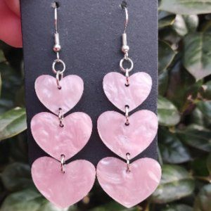 Pearly Pink 3 Tier Heart Earrings